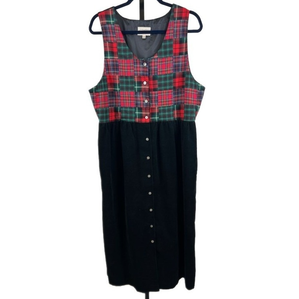 Susan Bristol Women Size 14 Plaid Patchwork Corduroy Button Jumper Dress Vintage
